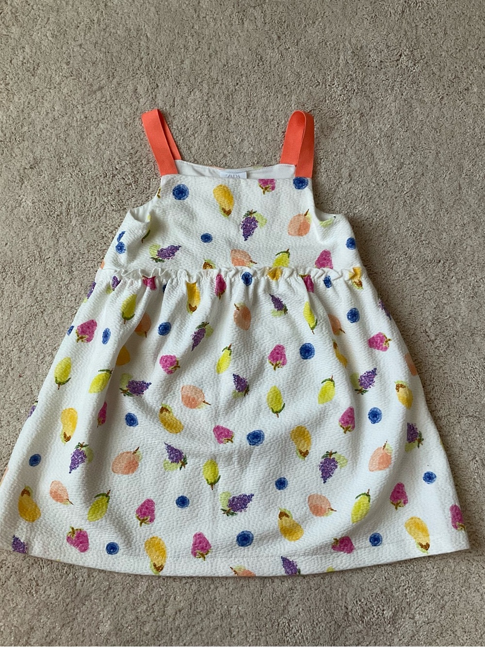 Zara White Sundress with Coral Straps and Colorful Fruit Print